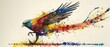   A vibrant avian soaring above shimmering water with stained-wing splatters