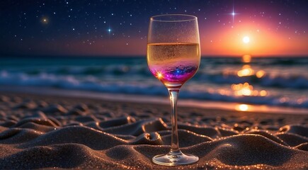 Wall Mural - A glass of champagne on the background of a night landscape