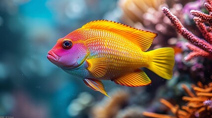   A detailed image of a fish among corals, set against a backdrop of diverse underwater flora