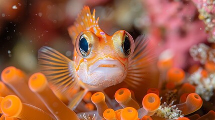   Close-up of a fish on coral, orange anemone in foreground, pink anemone in background