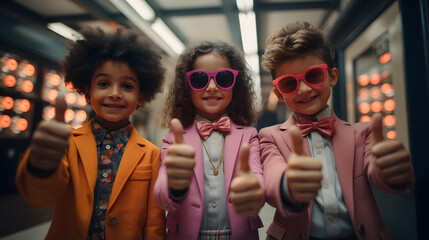 Wall Mural - three beautiful elementary school children giving thumbs up