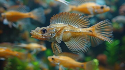   A clear photo of a fish in an aquarium with many other fish swimming around it