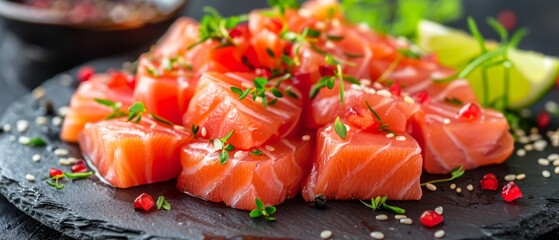 Canvas Print -   A black plate holds sliced salmon and is adorned with garnishes