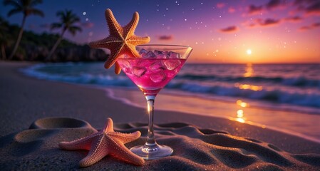 Wall Mural - Pink cocktail and starfish on the beach