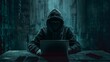 Dark hooded man. Hacker steal information. Cyber security.