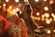 A cat Acrobatic Adventure A fluffy tabby cat, mid-leap, gracefully performs a trapeze swing in circus light