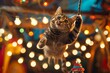 A cat Acrobatic Adventure A fluffy tabby cat, mid-leap, gracefully performs a trapeze swing in circus light