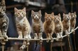Feline Tightrope Troupe a group of agile cats balancing precariously on a high wire, whiskers twitching with concentration as they navigate the dizzying heights of the circus arena