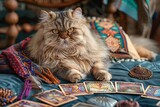 Fototapeta  - A Cat Feline Fortune Teller A regal Persian cat sits on a plush velvet cushion adorned with tarot cards and wearing a fortune teller turban.