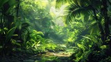Fototapeta Sypialnia - Lush jungle landscape in watercolor style.