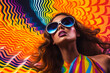 Woman with sunglasses. Psychedelic Retro Vibes. Portrait of a beautiful woman in glasses having a psychedelic experience, retro waves. Generative AI