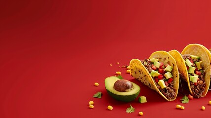 Wall Mural - Tacos, Mexican, Savory, Beef, Avocado, Fiesta Red background 