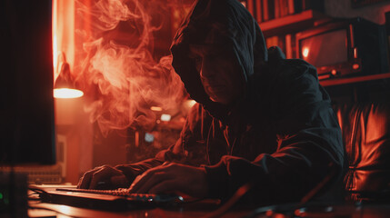 Poster - A man is sitting in front of a computer with a hood over his head. The computer screen is lit up and the man is typing. The image has a dark and mysterious mood, with the hooded man