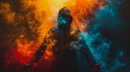 Wall Mural - A man in hoodie is standing in front of a wall of smoke, with a hoodie on. The smoke is orange and blue, creating a surreal and mysterious atmosphere