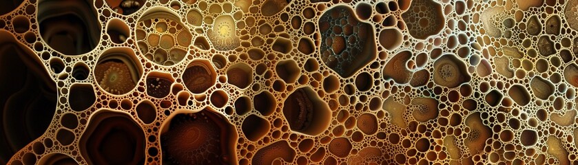 Detailed brown and earth-toned fluid network with porous, cell-like textures and bubbles, resembling a sponge or plant structure, created using a digital rendering technique.