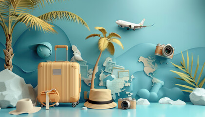 it's time to travel, concept poster in 3d with suitcase, palm tree, hat, camera, airplane, map. by a