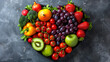 Nutritional food for heart health wellness by cholesterol diet and healthy nutrition eating with clean fruits and vegetables in heart dish by nutritionist and doctor recommended .generative ai