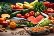 Healthy food clean eating selection: fish, fruit, vegetable, cereal, leaf vegetable on background