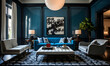 © Ilham - Blue living room interior with blue sofa and lamp, 3d render
