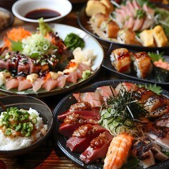 Wall Mural - Assorted Japanese Seafood Delicacies Served on Elegant Platter for Fine Dining Experience