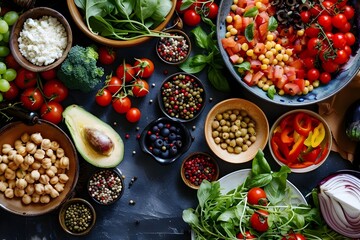 Wall Mural - Assortment of fresh vegetables,fruits,and other healthy ingredients arranged on a dark background,representing a balanced,plant-based,and nutritious