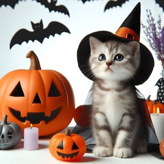 halloween cat with pumpkin,halloween cat wear hat on head with halloween puumpkin,A kitten wearing a wizard hat sitting with a  pumpkin
