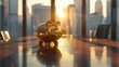 Gold piggy bank on table, large windows, cityscape, clean office design. Piggy bank glows on table, office with city view, sunlight.