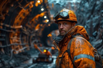 Miner with Headlamp in Underground Mine Shaft. Miner with goggles and headlamp pauses in an underground mine shaft, surrounded by industrial mining equipment.