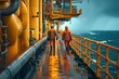 Offshore Oil Rig Workers Overlooking the Sea. Offshore oil workers in high-visibility clothing walking along the wet deck of an oil rig with the ocean in the background.