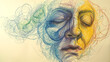 female face dreaming sleeping made with chaotic mix of colorful scribbles lines on simple pastel background