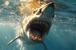 Ferocious Great White Shark Attacking with Gaping Jaws Underwater in Turbulent Ocean