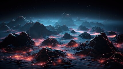 Poster - A digital landscape of glowing, neon red veins spreads across shadowy mountains under a starlit sky, symbolizing data flow, futuristic technology, and virtual worlds