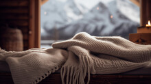 Soft And Warm Blanket On A Wooden Bench Against The Backdrop Of A Winter Mountain Landscape