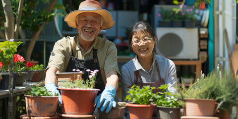 Wall Mural - Beautiful senior couple working in the garden. Landscape designer at work. Smiling elderly man and woman gardeners caring for flowers and plants. Hobby in retirement.