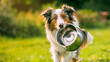 dog carries his food bowl