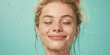 © MNStudio - Young woman with clean skin and splashes of water around her face, solid pastel background. Spa treatment, keeping hydrated, skincare routine.