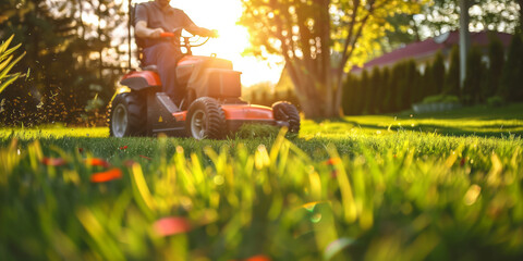 Wall Mural - Perfect manicured lawn and flowerbed with shrubs in sunshine, on a backdrop of residential house backyard.