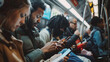 Crowded train, diverse group of commuters, some reading, others on phones - close-up shots, dynamic lighting, urban vibe.
