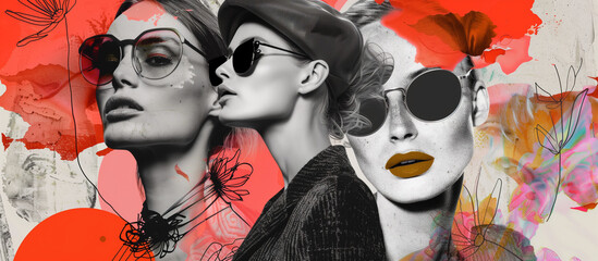 Two stylish women with sunglasses in a graphical artwork with vibrant abstract elements