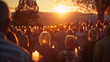 Easter sunrise service, outdoor, congregation holding candles - tranquil, soft dawn light, spiritual,