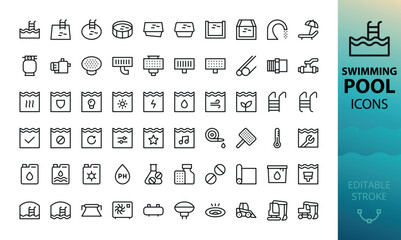 swimming pool equipment isolated icon set. set of heat exchanger, pump, skimmer, filter, handrail, f