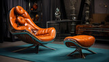Fototapeta  - Brown Leather Lounge Chair and ottoman Footrest.