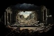 A building lies destroyed, its center hollowed out by some unknown force, leaving a gaping hole in its midst. war destruction concept. Generative AI