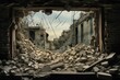 A shattered building with a gaping hole in the center, revealing the destruction caused by war. Generative AI