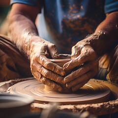 Wall Mural - A close-up of a potters hands shaping clay.