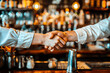 A mentor and apprentice shaking hands in a bar setting, surrounded by bartending tools, with copy space to share wisdom on mentorship and learning
