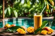 Mango with leaves and Fresh tropical fruit smoothie mango juice on a outdoor tropical background