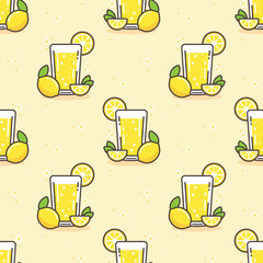 Sticker - Stylized glass of lemonade with slices of lemon and black outline. Vector seamless pattern.