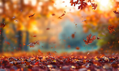 Wall Mural - Autumn background with beautiful colorful leaves falling in the air and ground covered in fallen autumn leaves.  Beautiful natural autumn landscape with colorful foliage in the park.  