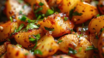 Wall Mural - Roasted potatoes with herbs and spices. Close-up shot with selective focus.